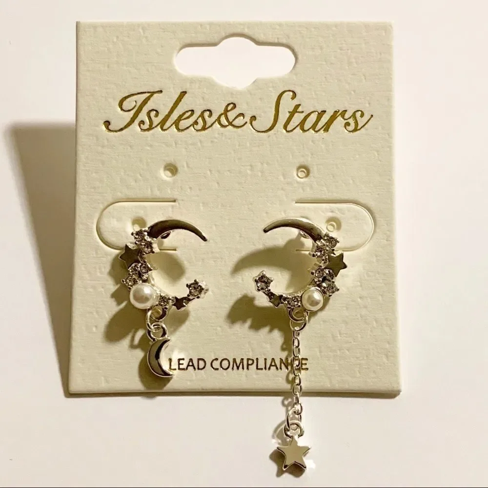 Silver Mini Crescent Moon Chain Earrings